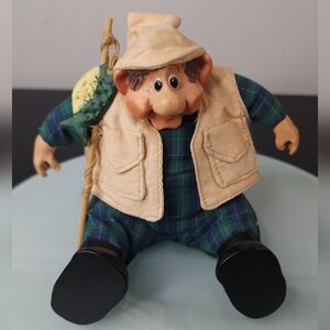 Russ Berrie Plush Fisherman Doll in Green Plaid with Beige Vest and Hat